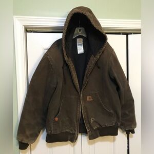 Carhartt J130 Mens Large Brown Hood Work Wear Coat NO ZIPPER DISTRESSED AS SHOWN